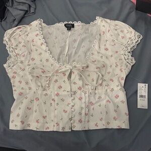 Pacsun White Floral Blouse with Pink Accents